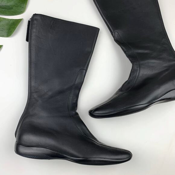Prada Boots Mid Calf Black Leather Square Toe Zipper Italy Women's 37.5 US 7.5 - Picture 1 of 12